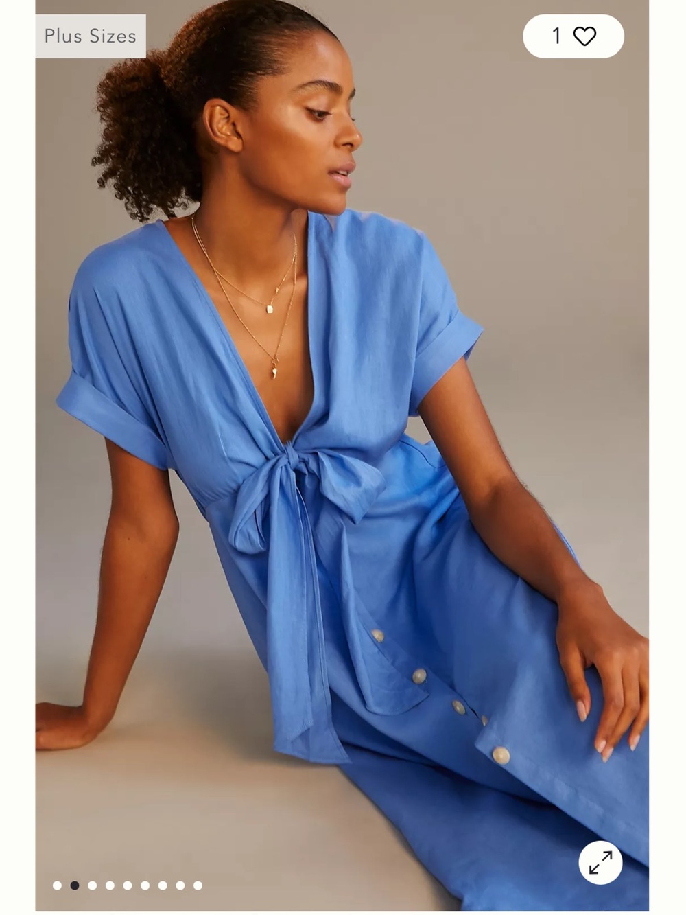 Maeve Anthropologie Blue Linen Blend Midi Dress Tie Waist Button Front Size 4